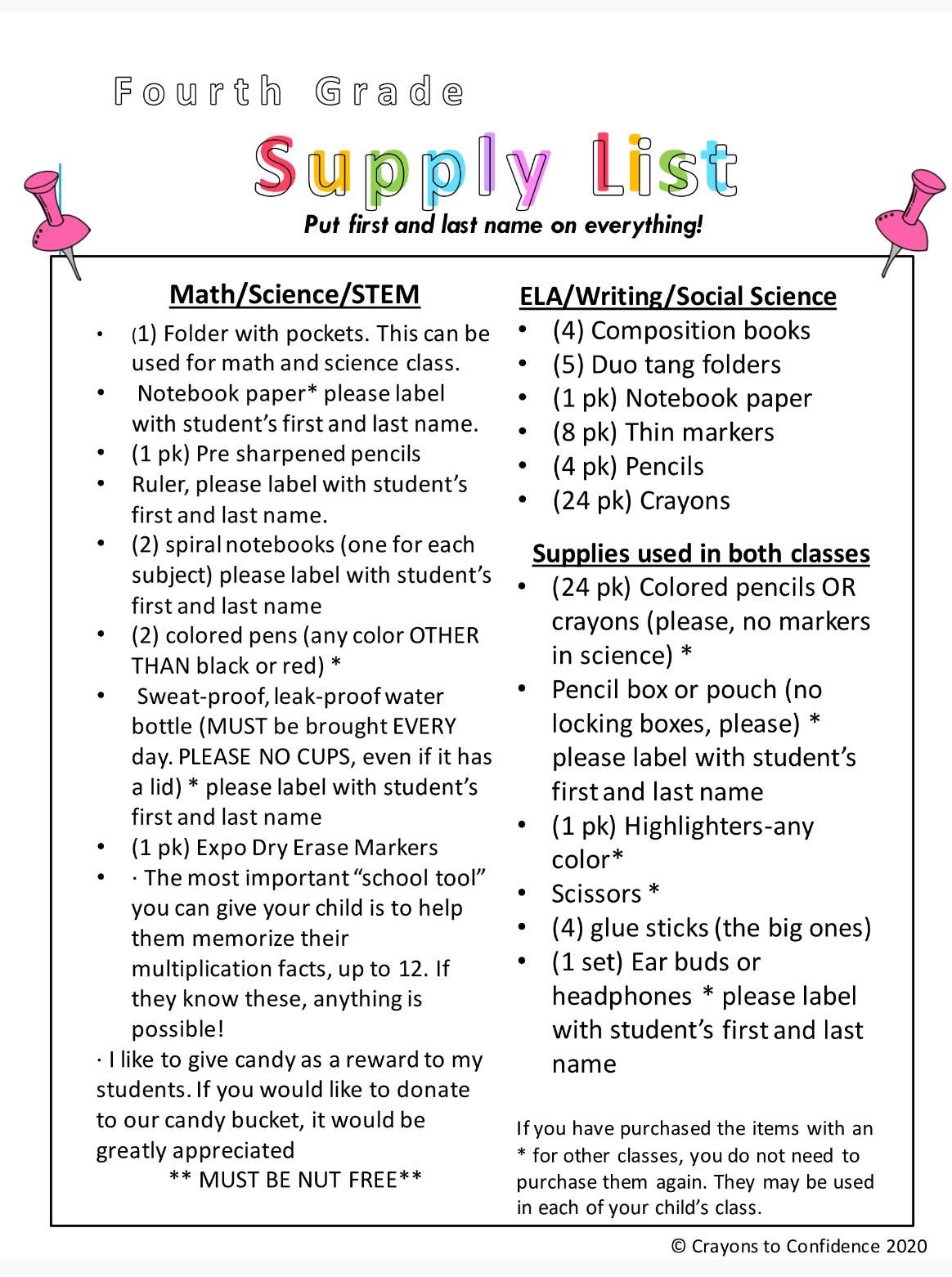 school supply list 4th supply list